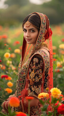 Wall Mural - young indian woman standing at flower garden