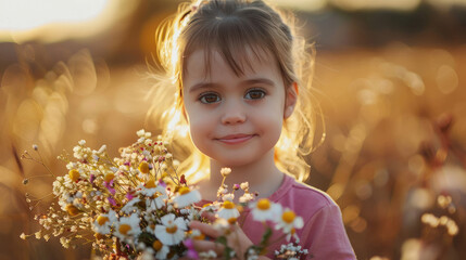 Wall Mural - cute little girl holding flowers bouquet