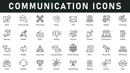 Communication Icons vector illustration with thin line editable stroke contains speak, communicate, networking, discussion, website, campaign, message, satellite, podcast, conversation, group talk