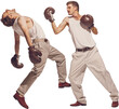 © Lustre Art Group  - Portrait of two men playing, boxing in gloves against transparent background. Artistic fighters. Concept of professional sport, hobby, movement, energy, active lifestyle, retro fashion.