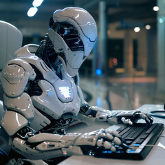 Poster - Cartoon vector illustration of a robot coding and sitting at a laptop, with bot hands working on program windows. Represents software code automation development using AI, machine learning.