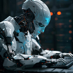 Poster - Cartoon vector illustration of a robot coding and sitting at a laptop, with bot hands working on program windows. Represents software code automation development using AI, machine learning.