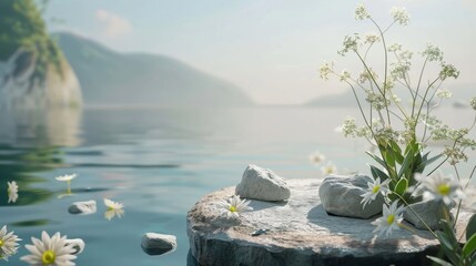 Wall Mural - A natural beauty podium backdrop for product display with a stone and wild flower on the water. A 3D seascape background.