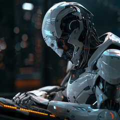 Poster - Cartoon vector illustration of a robot coding and sitting at a laptop, with bot hands working on program windows. Represents software code automation development using AI, machine learning.