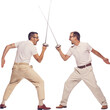 © Lustre Art Group  - Portrait of two men in suit fighting with swords against transparent background. Emotively shouting. Concept of professional sport, hobby, emotions, active lifestyle, retro fashion.