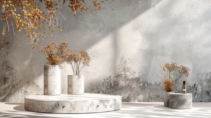Wall Mural - The natural beauty podium backdrop includes a concrete wall for displaying cosmetic products. A 3D rendering of the scene can be found here.