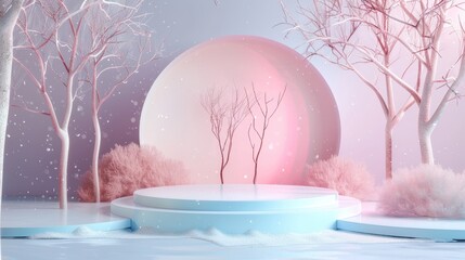 Wall Mural - This is a 3D rendering of a winter scene with a podium on a pastel-colored background.