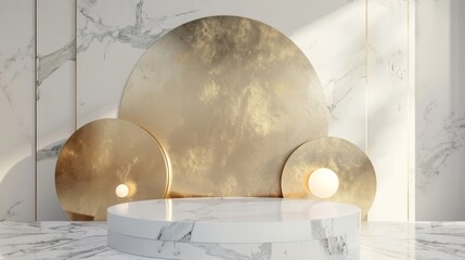 Poster - A minimalist gold, marble, and white podium backdrop for displaying beauty products. A 3D rendering of the product.