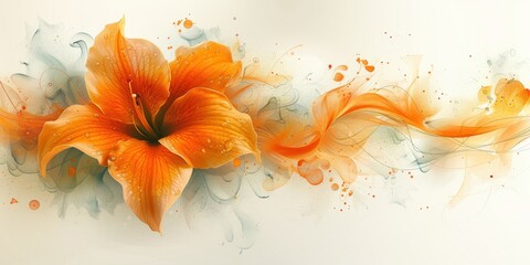 Wall Mural - Watercolor Orange Flower With Swirling Ribbon