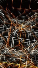 Poster - Abstract conceptual background with neuron data information and network connections. Animation. Crossing orange and white lines and program code.