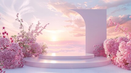 Wall Mural - A natural beauty podium backdrop with a dreamy sky background. A romantic 3D scene with natural beauty.