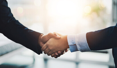 Poster - Business, people and handshake in office meeting, teamwork and cooperation or thank you. Shaking hands, agreement and negotiation deal with professional, employees and b2b or corporate onboarding