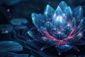 A glowing digital lotus flower in the dark