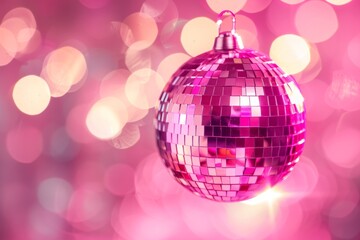 Poster - Sparkly disco ball is hanging in front of a blurred background with twinkling lights, capturing the spirit of celebration and party atmosphere