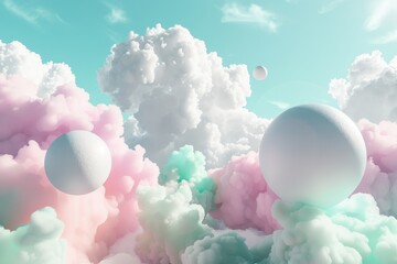 Poster - In this 3d render, we see pastel balls, bubbles, blobs floating in fluffy clouds against a background of fluffy clouds and the ocean. The scene is a romantic land of dreams, featuring fluffy clouds