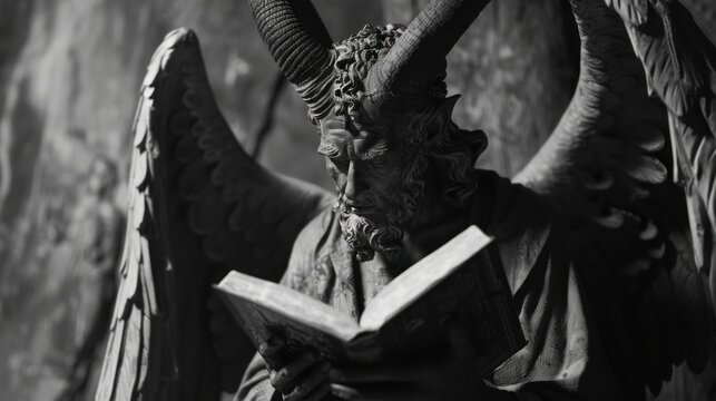Portrait of a statue of devil with horns reading a book