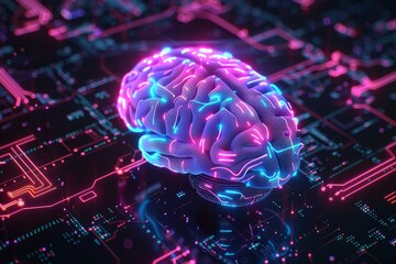 Poster - The generative AI electronic brain is composed of metallic material with neon lighting, neural data storage, stock neural systems and futuristic technology.