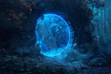 Wall Mural - In the dark wood forest space landscape of cosmic, rocky mountain stone field, with spectrum light effect, is an abstract portal stone gate with neon circle glowing light.
