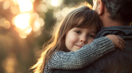 Close-up portrait of happy girl hugging young father, looking at camera, family image concept.
