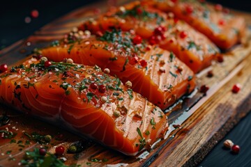 Fresh raw salmon filet steak on wooden board, delicious food for dinner, healthy food, cooking ingredients.
