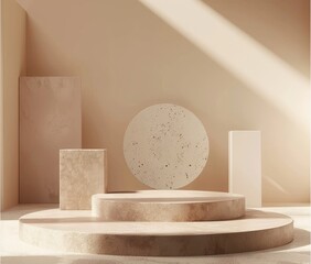 Poster - An abstract background scene for cosmetic advertising, featuring geometric shapes in pastel colors. An abstract background scene for displaying a cosmetic product and mockup on a podium in pastel