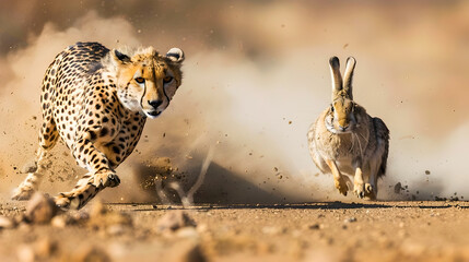Wall Mural - intense chase scene of a cheetah aggressively pursuing a fleeing rabbit at high speed on a dusty dir