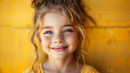 A child smiling brightly and looking forward, radiating optimism and positivity, against a sunny yellow background.