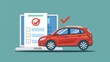 © Mark - A flat cartoon auto test with a checkmark or tick on a computer screen depicts a car history check, vehicle inspection report document approved on a computer modern, a good electronic diagnostic, a