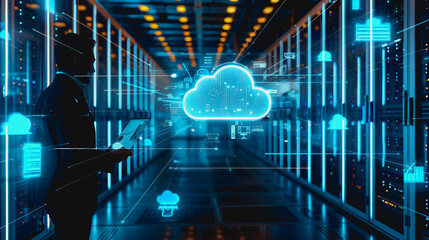 Poster - Person using digital cloud interface with tech icons in data center.