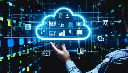 Poster - Person using digital cloud interface with tech icons in data center.