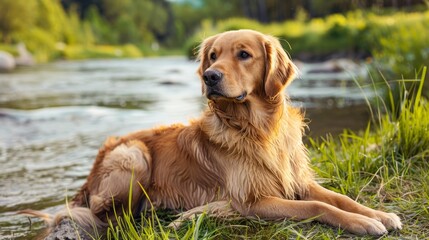 Dog lying in the grass by a river, looking relaxed