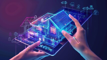 Poster - IOT. Smart home application interface. 3D house plan x-ray. Hand-touch on tablet screen. Locks and windows are controlled over IOT with tablets. Security home application.