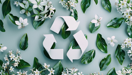 Wall Mural - Abstract white recycling symbol with isolated green leaves and flowers on background