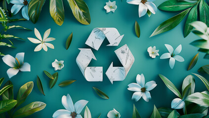 Wall Mural - Abstract white recycling symbol with isolated green leaves and flowers on background