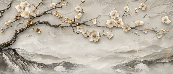 Wall Mural - Natural landscape background with watercolor painting texture modern. Vintage style branch with flowers and leaves. Cherry blossom texture element with gold and black detailing.