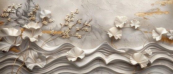 Poster - Featuring ginkgo leaves and cherry blossoms with hand-drawn wave illustrations in vintage style. Floral pattern in gold in a vintage style. Banner design featuring oriental flowers.