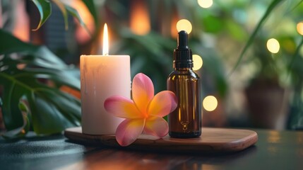 Essential oil bottle plumeria flower and candle on a flat tablet