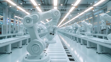 Wall Mural - A large manufacturing environment, industrial hand robots, white decor, machines, production line, future technology. Generative AI.