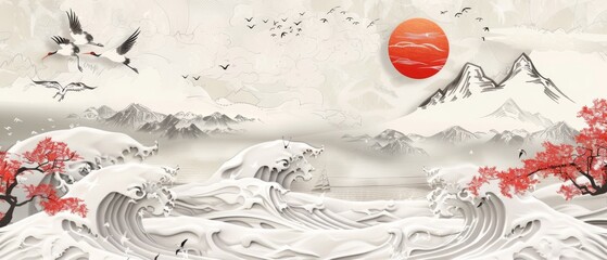 Wall Mural - Design for geometric logo with Japanese background with crane birds modern. Asian landscape template with hand drawn wave pattern in oriental style.