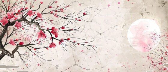 The moon and sun are framed with a watercolor background. Chinese elements, cherry blossom flower branches, bamboo, and bamboo branches decorate the background. Abstract logo in circle shape.