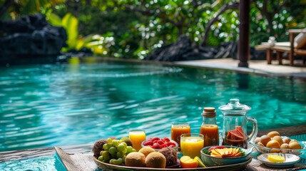 Indulge in a tropical paradise with a floating breakfast in a serene pool. Relax and enjoy a delectable spread of healthy bites and fresh fruit, surrounded by the tranquil waters