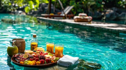 Indulge in a tropical paradise with a floating breakfast in a serene pool. Relax and enjoy a delectable spread of healthy bites and fresh fruit, surrounded by the tranquil waters