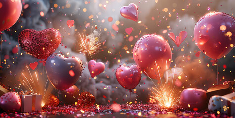 Poster - A magical land of fireworks, confetti, balloons, hearts of different sizes and gifts. The tones are different, bright and light. Generative AI.