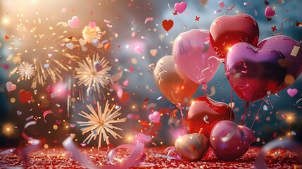 Poster - A magical land of fireworks, confetti, balloons, hearts of different sizes and gifts. The tones are different, bright and light. Generative AI.
