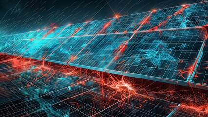 This image showcases a futuristic solar panel array with a dynamic, abstract overlay of red and blue lines, suggesting advanced technology and energy flow. The panels are arranged in a grid.