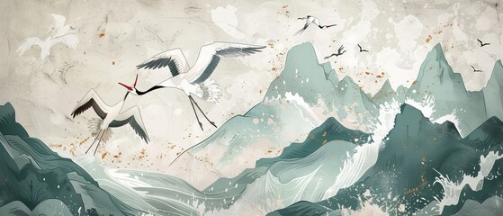 Wall Mural - An oriental natural wave pattern with ocean sea decoration banner design in vintage style with crane birds. The background has watercolor textures and involves a floral pattern element.
