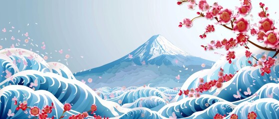 Wall Mural - In a Japanese style, Fuji mountain is depicted with flowers. There is a landscape background with a wave pattern in the background.