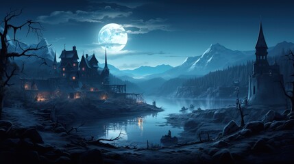 Wall Mural - Mystical Village by the Lake Under a Full Moon