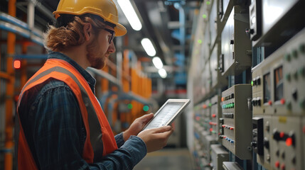 Aufkleber - A technician looking at a checklist of instructions on an tablet while on a site survey. in the background is access control and cctv security cameras and low voltage patch panels. Generative AI.