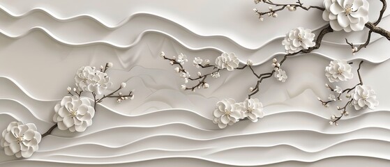 Wall Mural - Modern Japanese pattern and icon. Oriental wedding invitation background with cherries, bonsai, and clouds. Abstract template in Chinese style.